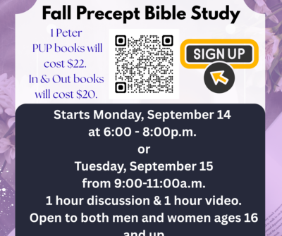 Starts Monday, September 14 at 600 - 800p.m. or Tuesday, September 15 from 900-1100a.m. 1 hour discussion & 1 hour video. Open to both men and women ages 16 and up (1)